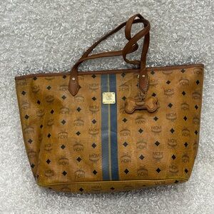 Authentic MCM Visetos Dog Bone Striped Shopper Tote Cognac